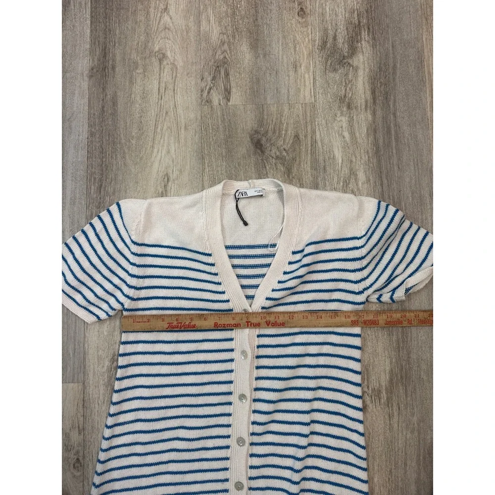 Zara Womens Blue‎ White Striped Cotton Knit Button Front Midi Dress Small